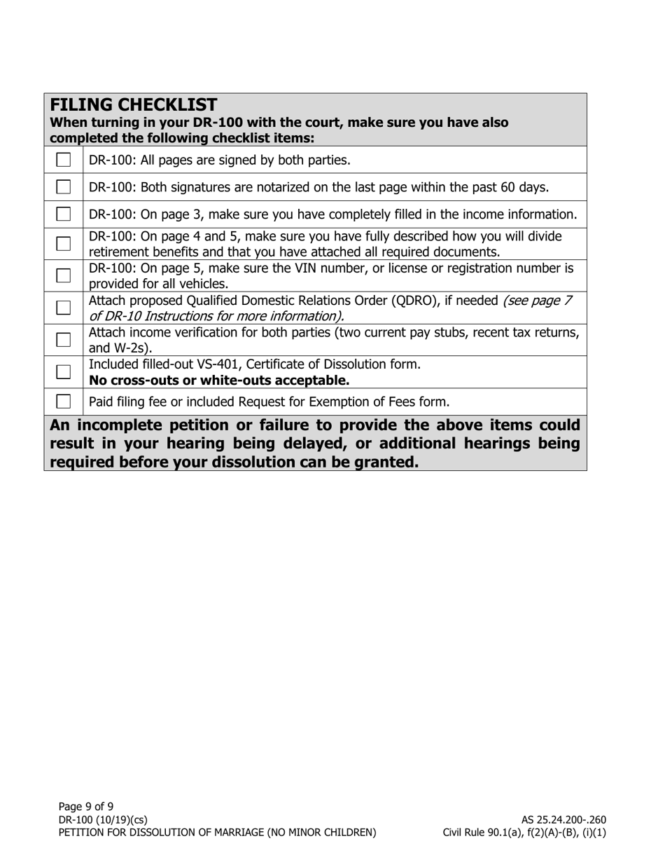 Form DR-100 Petition for Dissolution of Marriage (No Minor Children) - Alaska, Page 9
