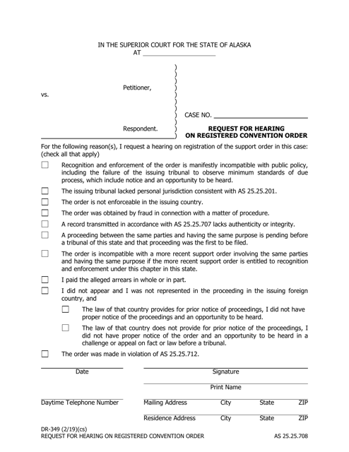 Form DR-349 Request for Hearing on Registered Convention Order - Alaska