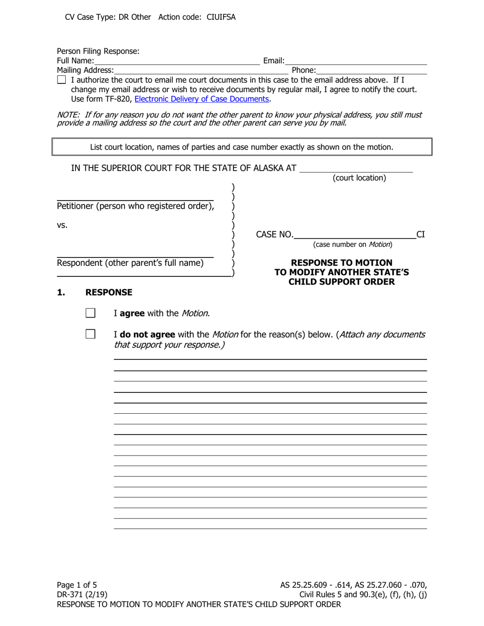 Form DR-371 Response to Motion to Modify Another States Child Support Order - Alaska, Page 1