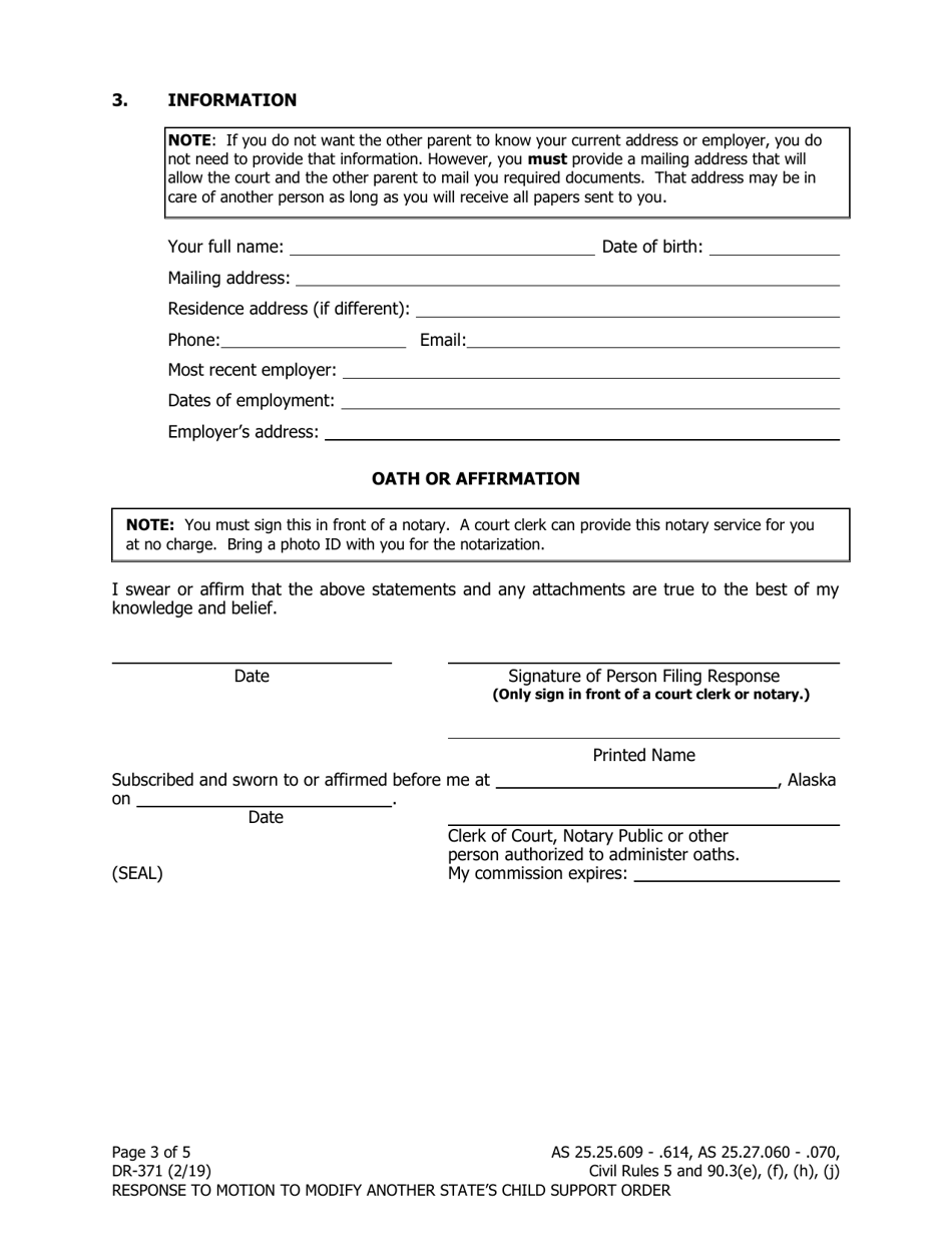 Form DR-371 Response to Motion to Modify Another States Child Support Order - Alaska, Page 3