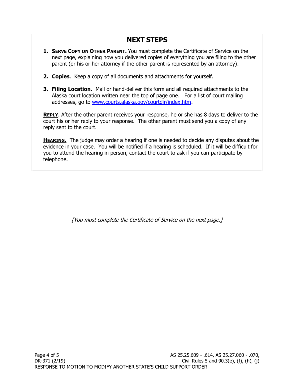 Form DR-371 Response to Motion to Modify Another States Child Support Order - Alaska, Page 4