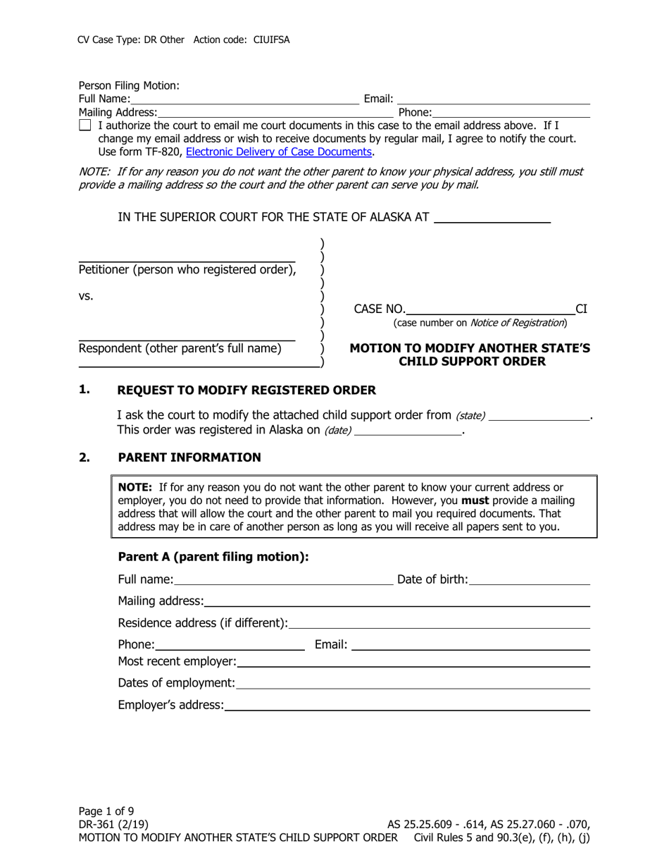 Form DR-361 Motion to Modify Another States Child Support Order - Alaska, Page 1