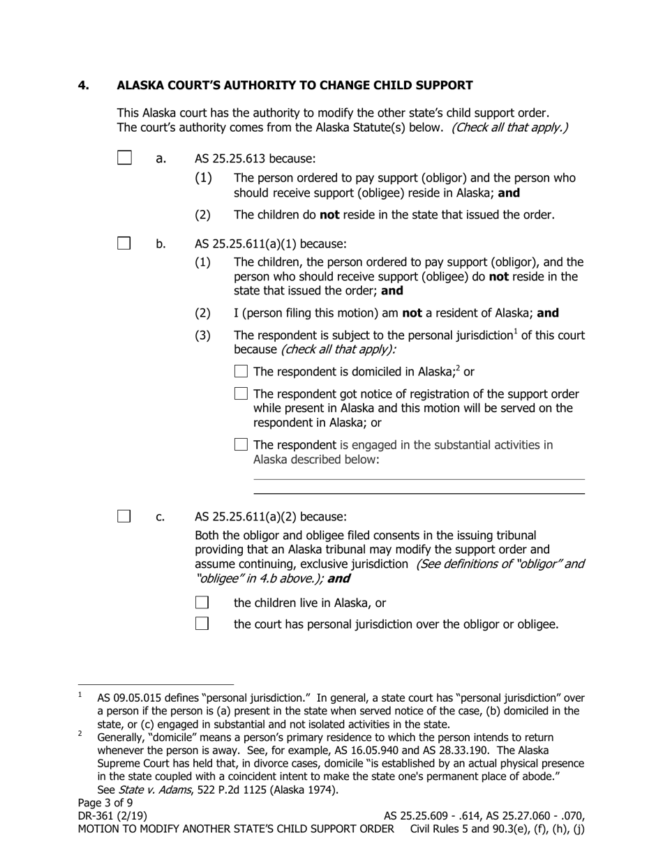 Form DR-361 Motion to Modify Another States Child Support Order - Alaska, Page 3