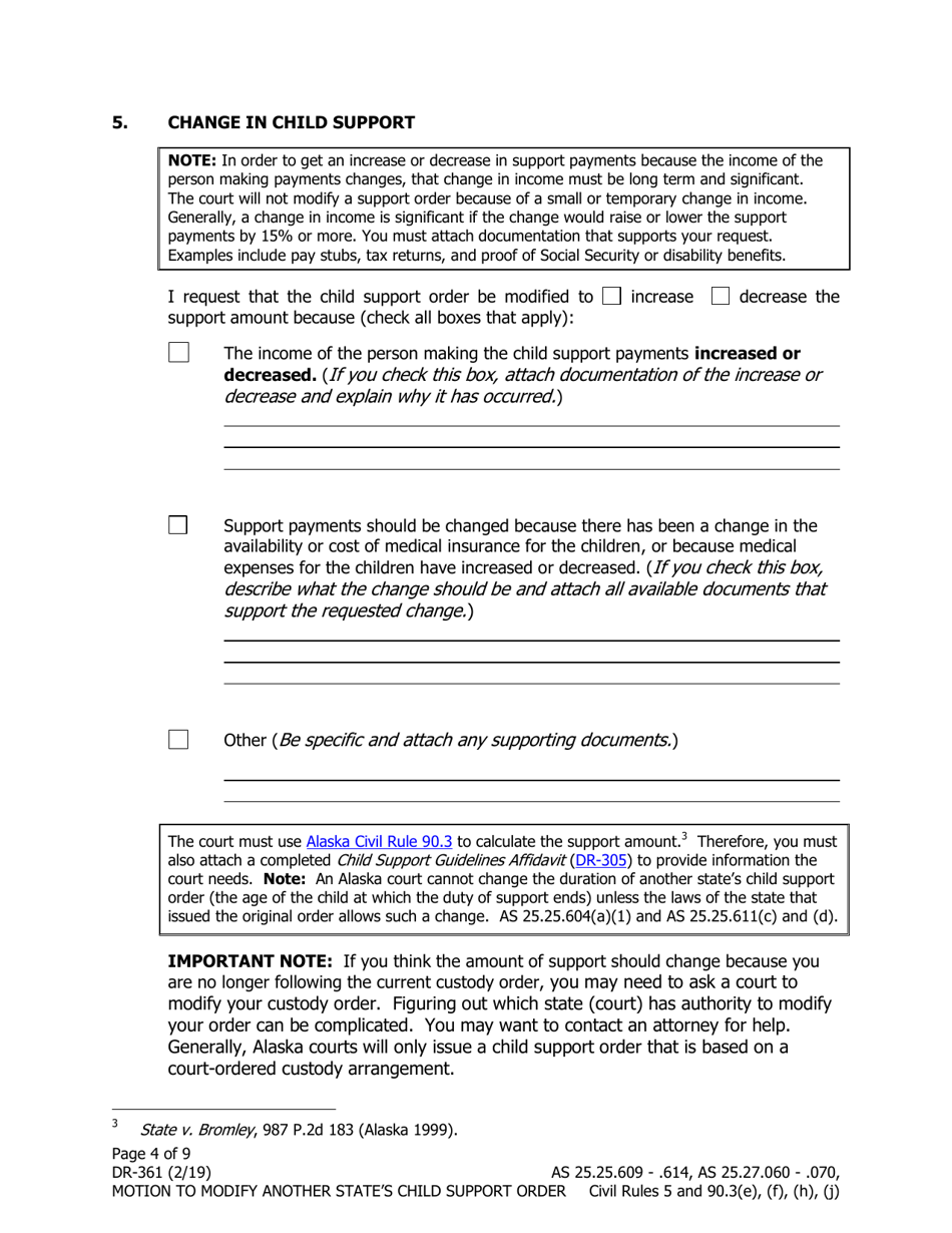 Form DR-361 Motion to Modify Another States Child Support Order - Alaska, Page 4