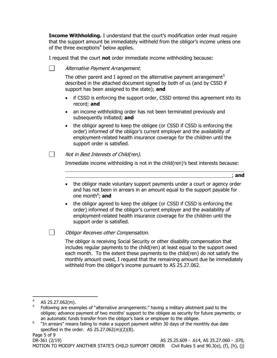 Form DR-361 Motion to Modify Another States Child Support Order - Alaska, Page 5