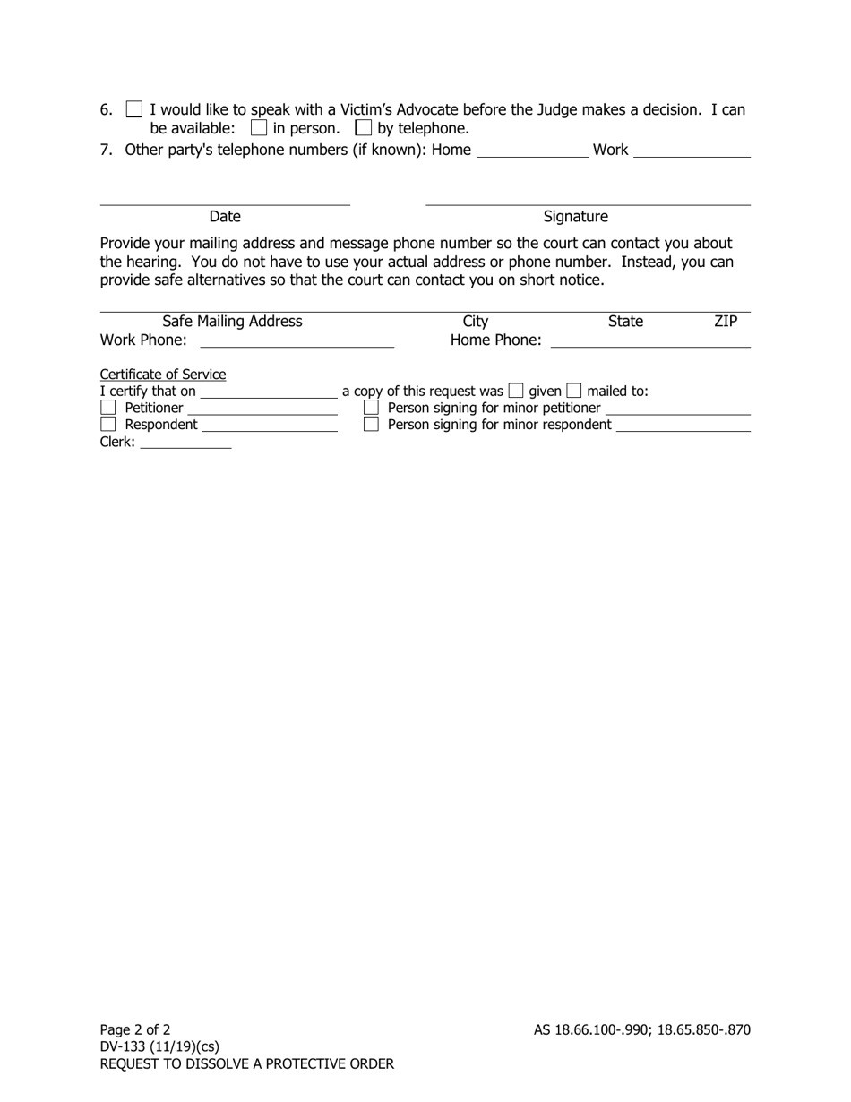 Form DV-133 Request to Dissolve Protective Order (One Petitioner) - Alaska, Page 2