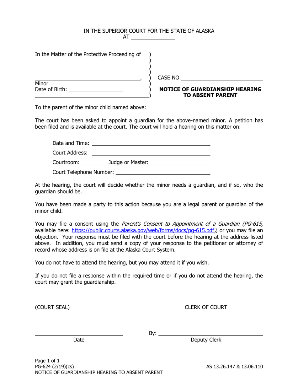 Form PG-624 Notice of Guardianship Hearing to Absent Parent - Alaska, Page 1