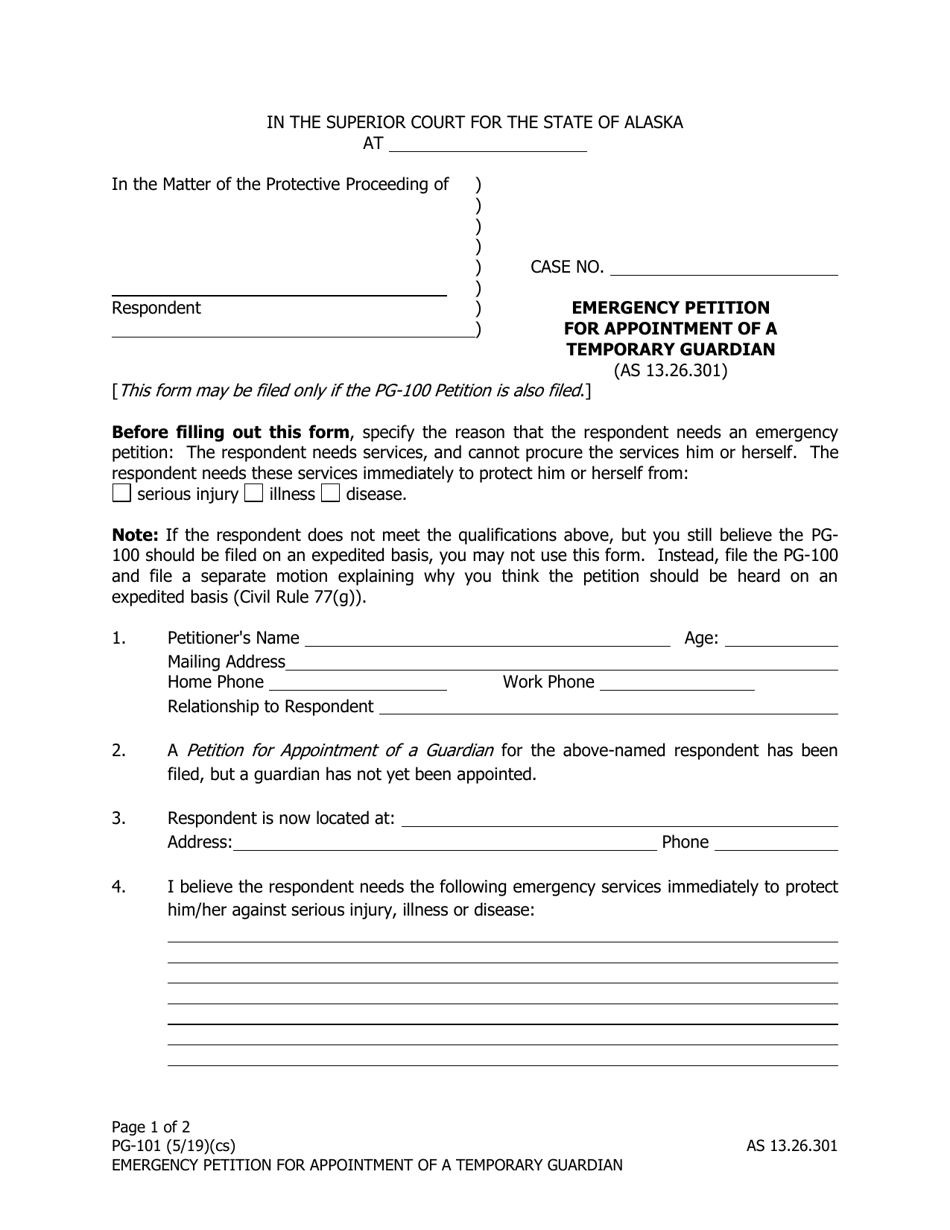 Form PG-101 Emergency Petition for Appointment of a Temporary Guardian - Alaska, Page 1