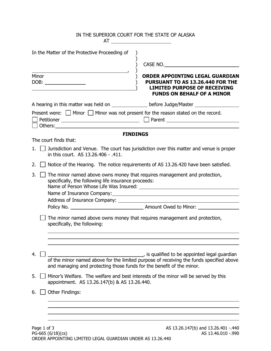 Form PG-665 Order Appointing Legal Guardian Pursuant to as 13.26.440 for the Limited Purpose of Receiving Funds on Behalf of a Minor - Alaska, Page 1