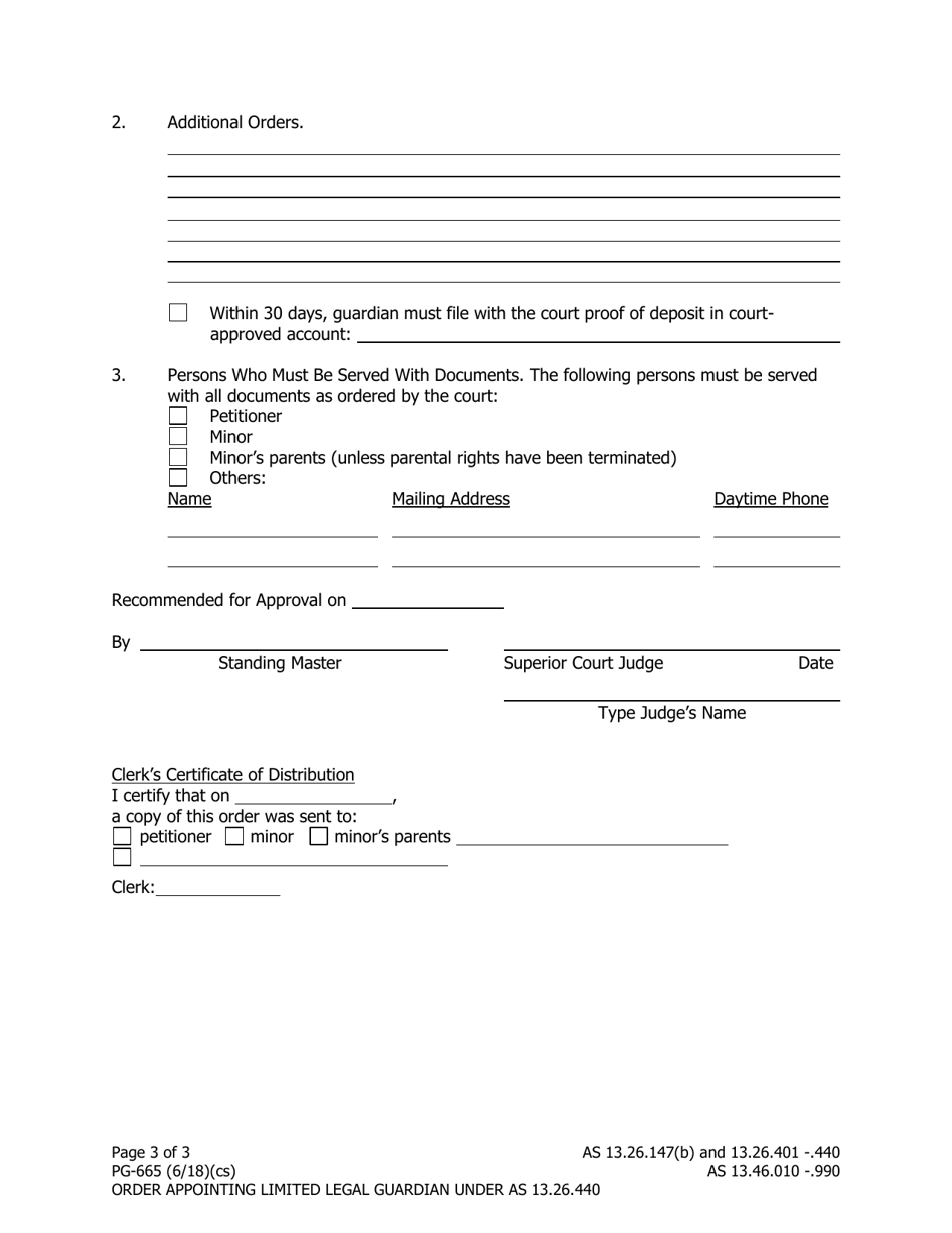 Form PG-665 Order Appointing Legal Guardian Pursuant to as 13.26.440 for the Limited Purpose of Receiving Funds on Behalf of a Minor - Alaska, Page 3