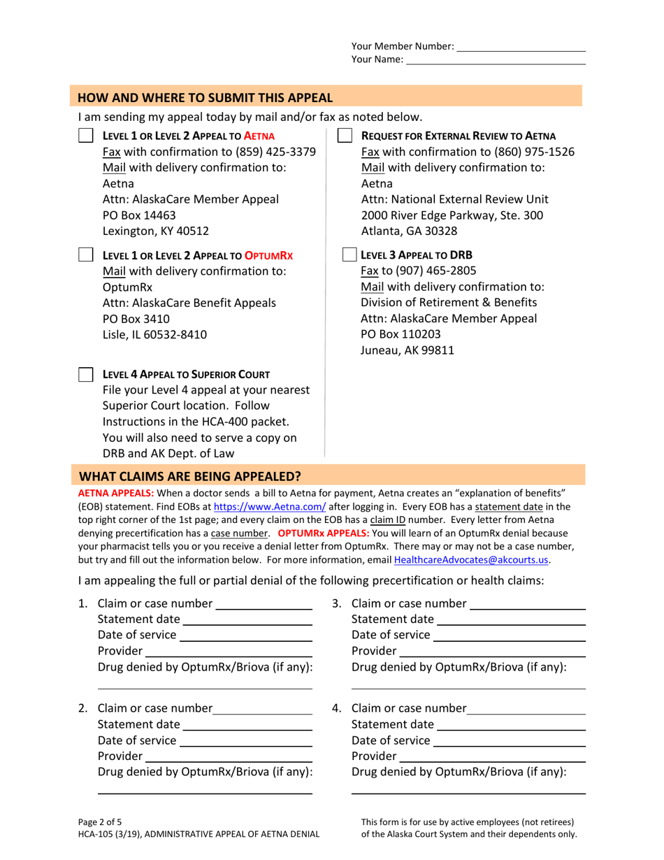 Form HCA-105 Appeal of Health Claim or Precertification Denial - Alaska, Page 2