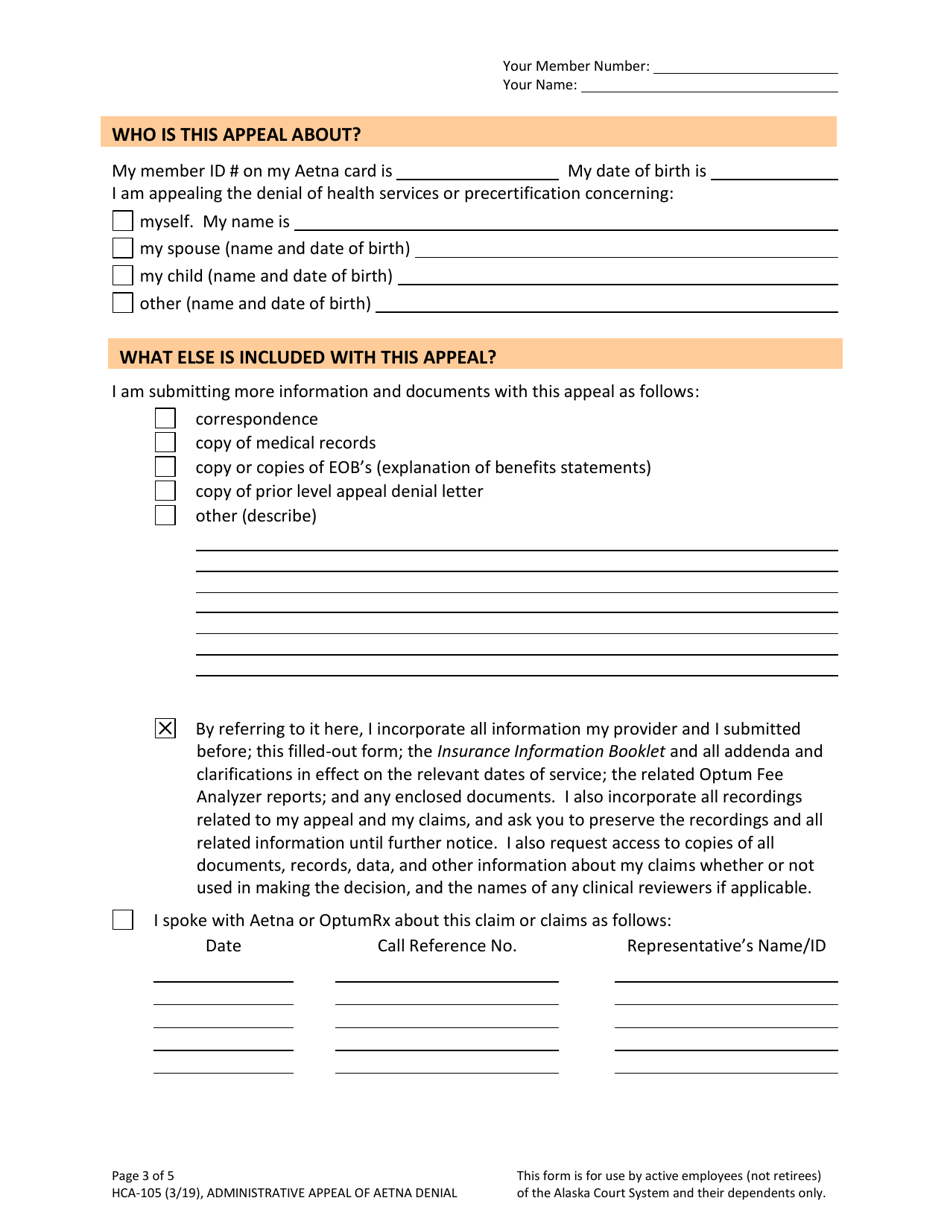 Form HCA-105 Appeal of Health Claim or Precertification Denial - Alaska, Page 3