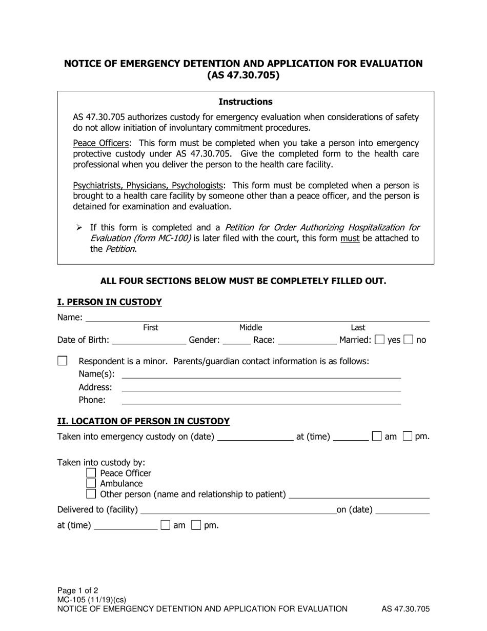 Form MC-105 Notice of Emergency Detention and Application for Evaluation - Alaska, Page 1