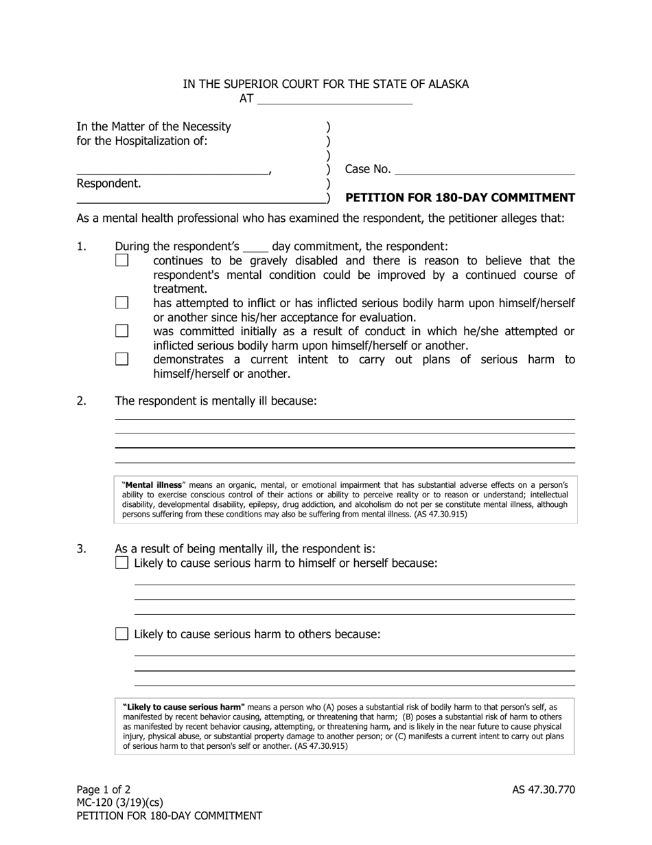 Form MC-120 Petition for 180-day Commitment - Alaska, Page 1