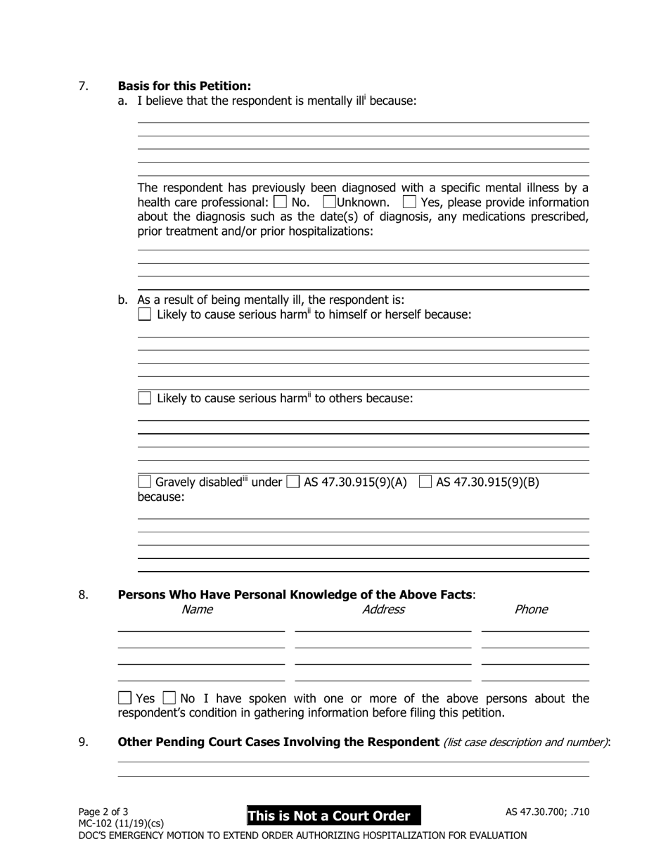 Form MC-102 Department of Corrections Emergency Motion to Extend Order Authorizing Hospitalization for Evaluation - Alaska, Page 2