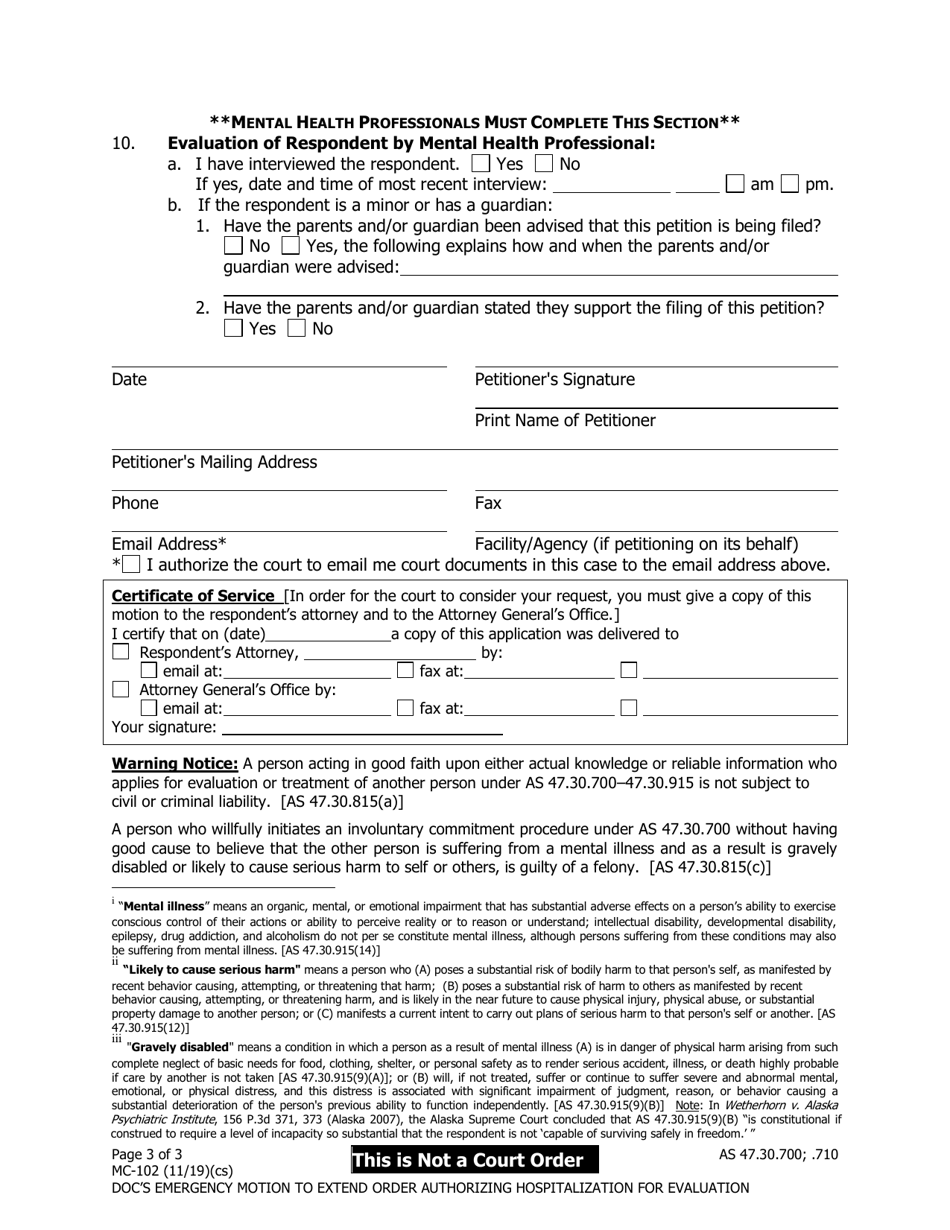 Form MC-102 Department of Corrections Emergency Motion to Extend Order Authorizing Hospitalization for Evaluation - Alaska, Page 3