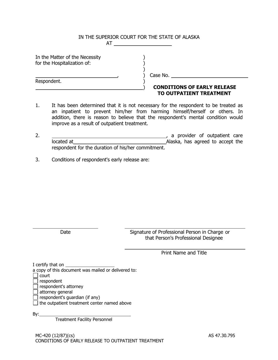 Form MC-420 Conditions of Early Release to Outpatient Treatment - Alaska, Page 1