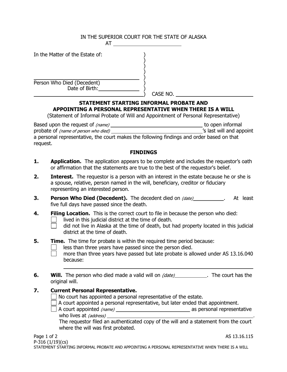 Form P-316 Statement Starting Informal Probate and Appointing a Personal Representative When There Is a Will - Alaska, Page 1
