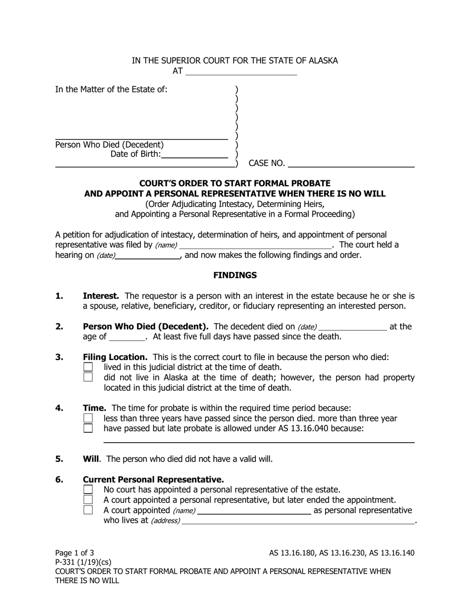 Form P-331 Order Starting Formal Probate and Appoint a Personal Representative When There Is No Will - Alaska, Page 1