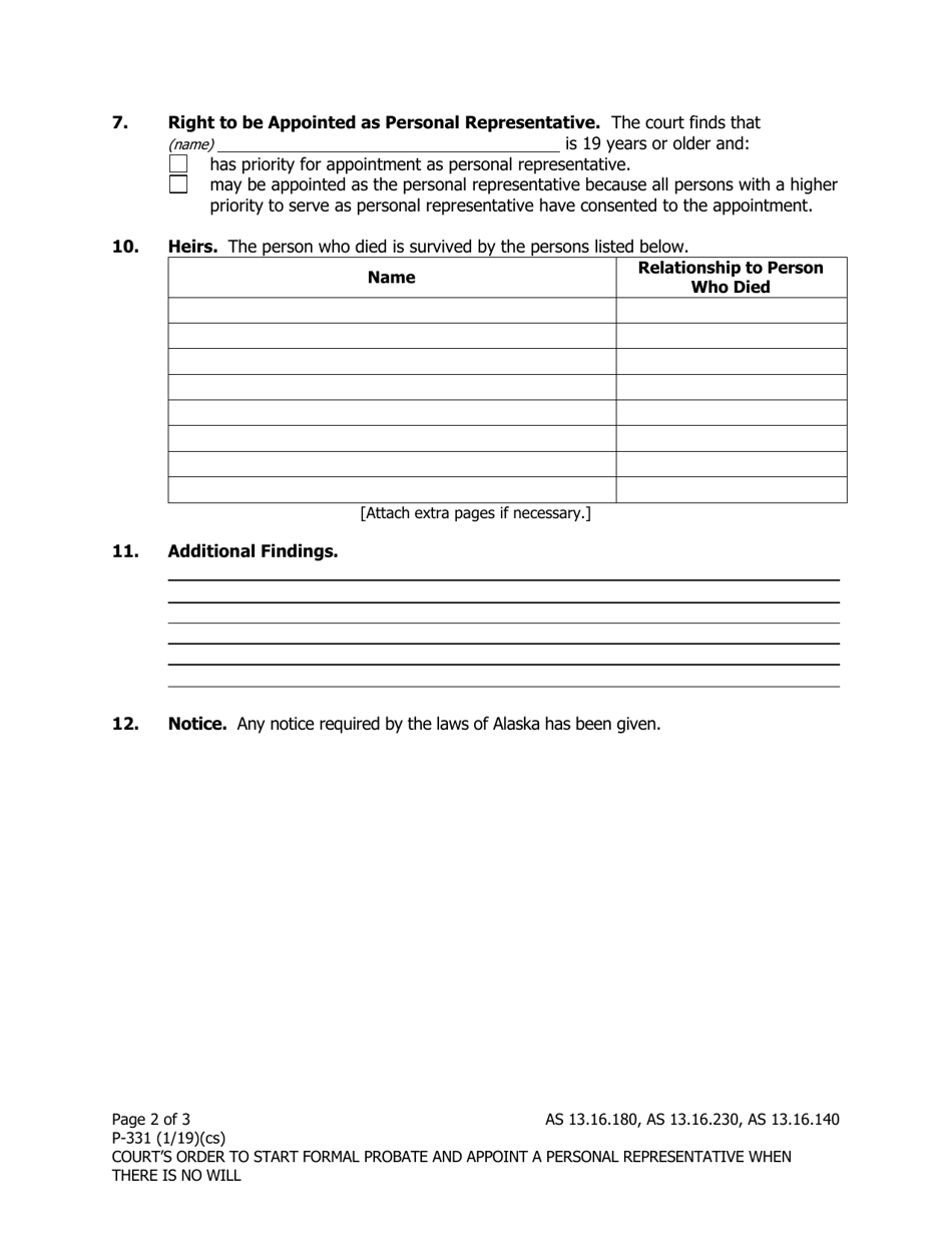 Form P-331 Order Starting Formal Probate and Appoint a Personal Representative When There Is No Will - Alaska, Page 2