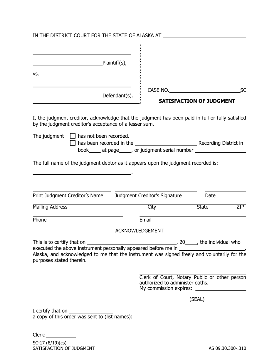 Form SC-17 Satisfaction of Judgment - Alaska, Page 1