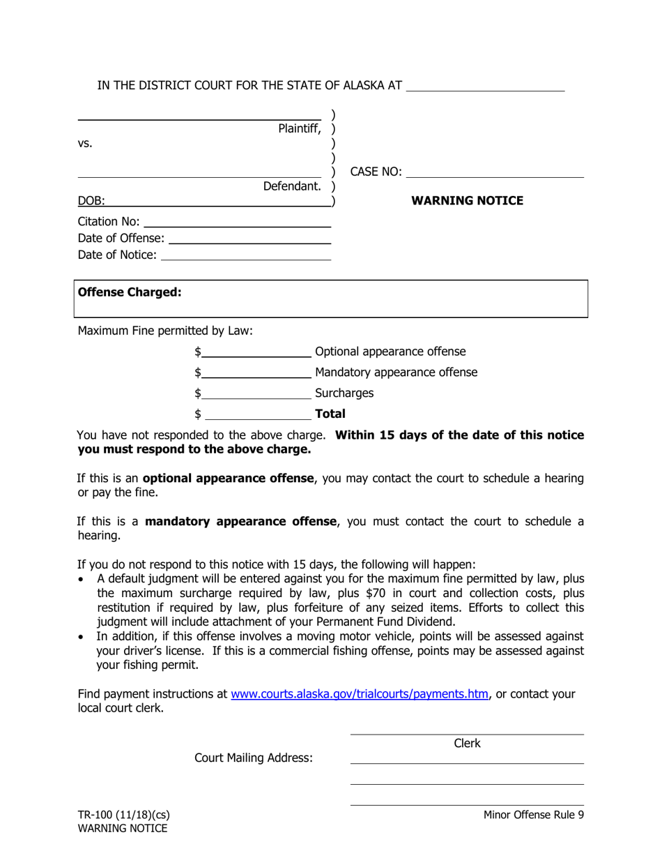 Form TR-100 Warning Notice - Alaska, Page 1