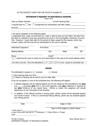 Form TR-200 &quot;Defendant's Request to Reschedule Hearing&quot; - Alaska