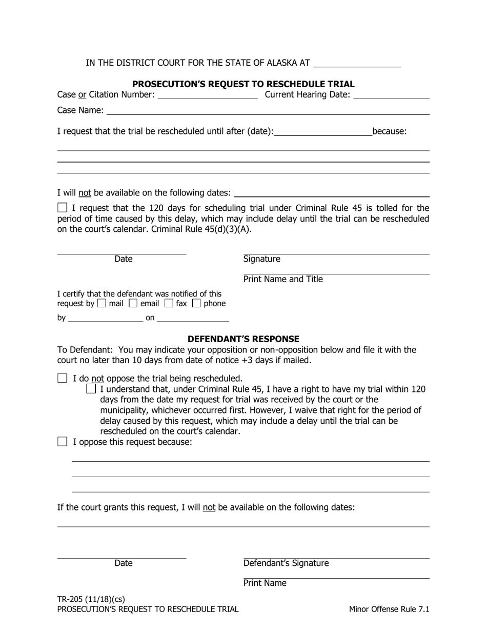 Form TR-205 Prosecutions Request to Reschedule Trial - Alaska, Page 1