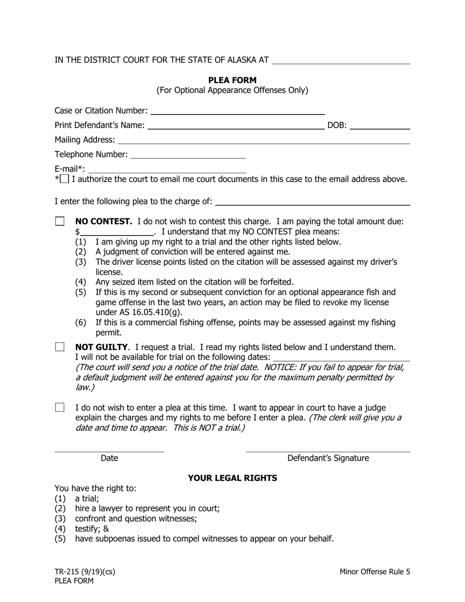 Form TR-215 Plea Form (For Optional Appearance Offenses Only) - Alaska, Page 1