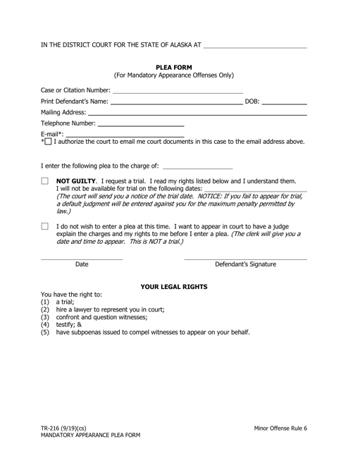 Form TR-216 Plea Form (For Mandatory Appearance Offenses Only) - Alaska
