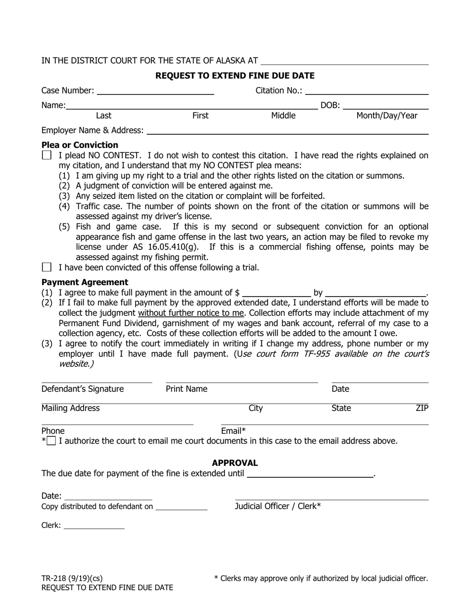 Form TR-218 Request to Extend Fine Due Date - Alaska, Page 1