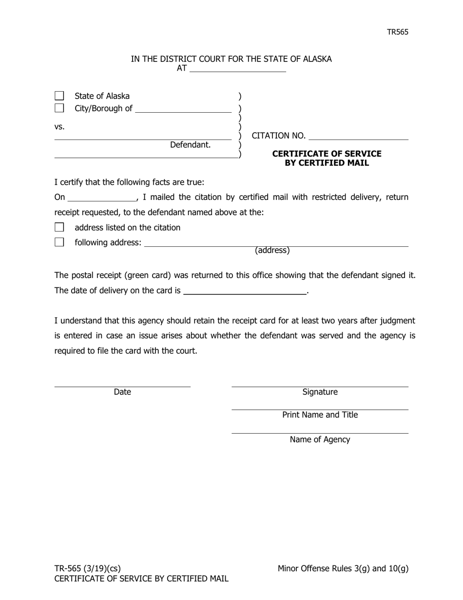 Form TR-565 Certificate of Service by Certified Mail - Alaska, Page 1