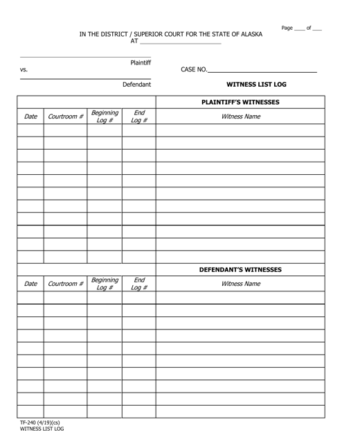 Form TF-240 Witness List Log - Alaska
