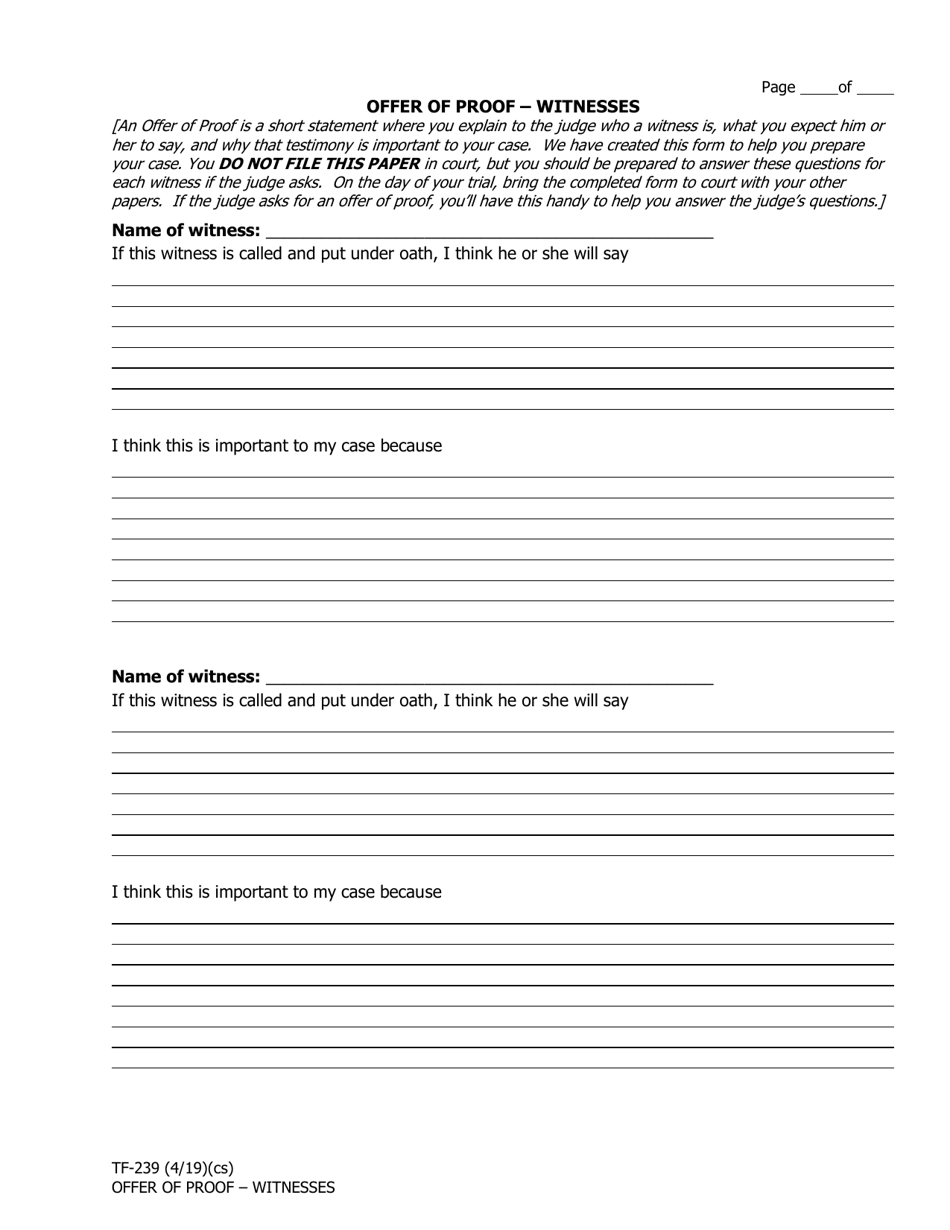 Form TF-239 Offer of Proof - Witnesses - Alaska, Page 1