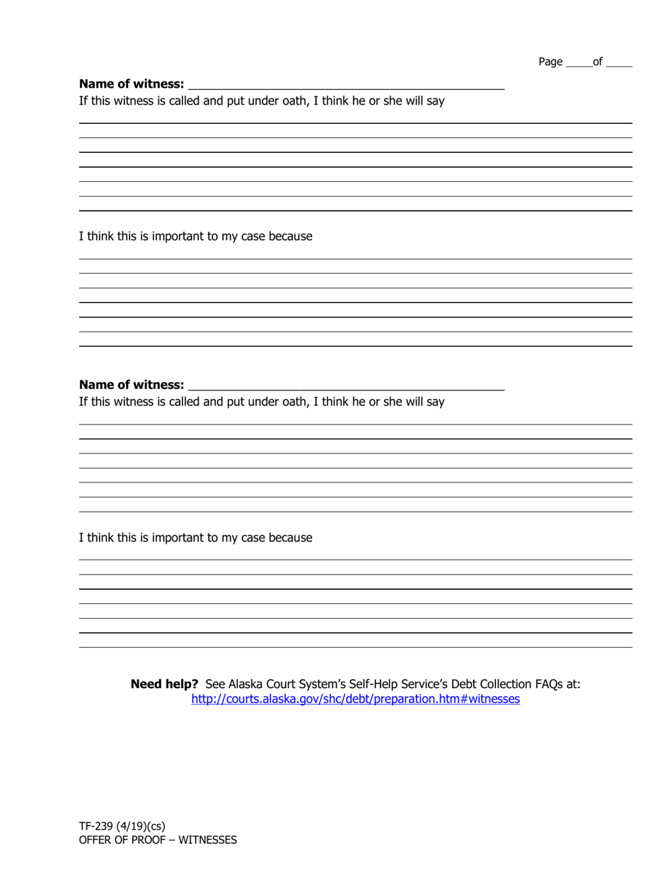 Form TF-239 Offer of Proof - Witnesses - Alaska, Page 2