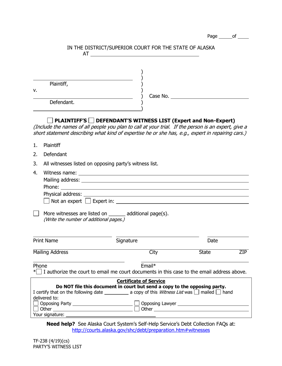 Form TF-238 Partys Witness List - Alaska, Page 1