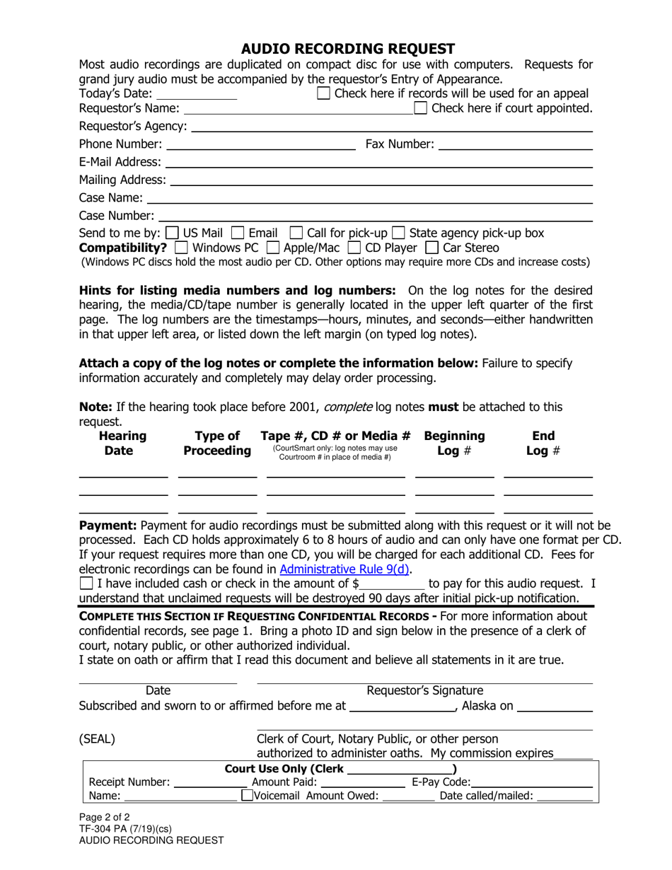 Form TF-304 Audio Recording Request - City of Palmer, Alaska, Page 2