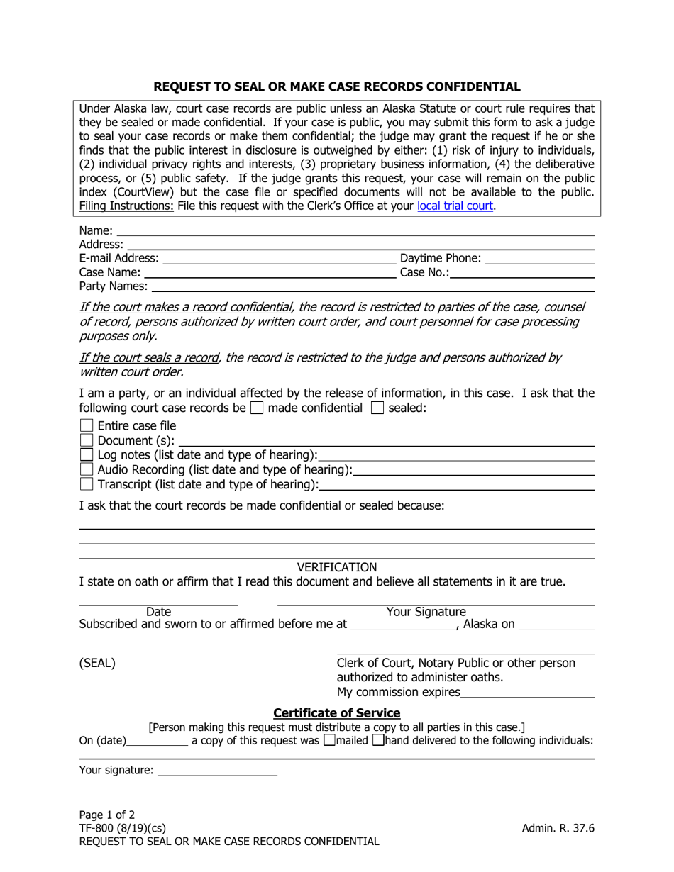 Form TF-800 Request to Seal or Make Case Records Confidential - Alaska, Page 1