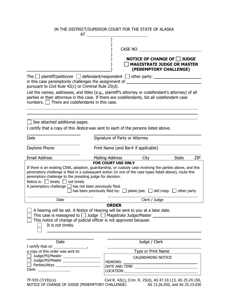 Form TF-935 Notice of Change of Judge (Peremptory Challenge) - Alaska, Page 1