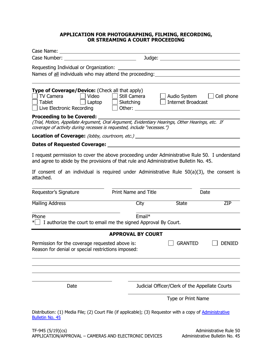 Form TF-945 Application for Photographing, Filming, Recording, or Streaming a Court Proceeding - Alaska, Page 1