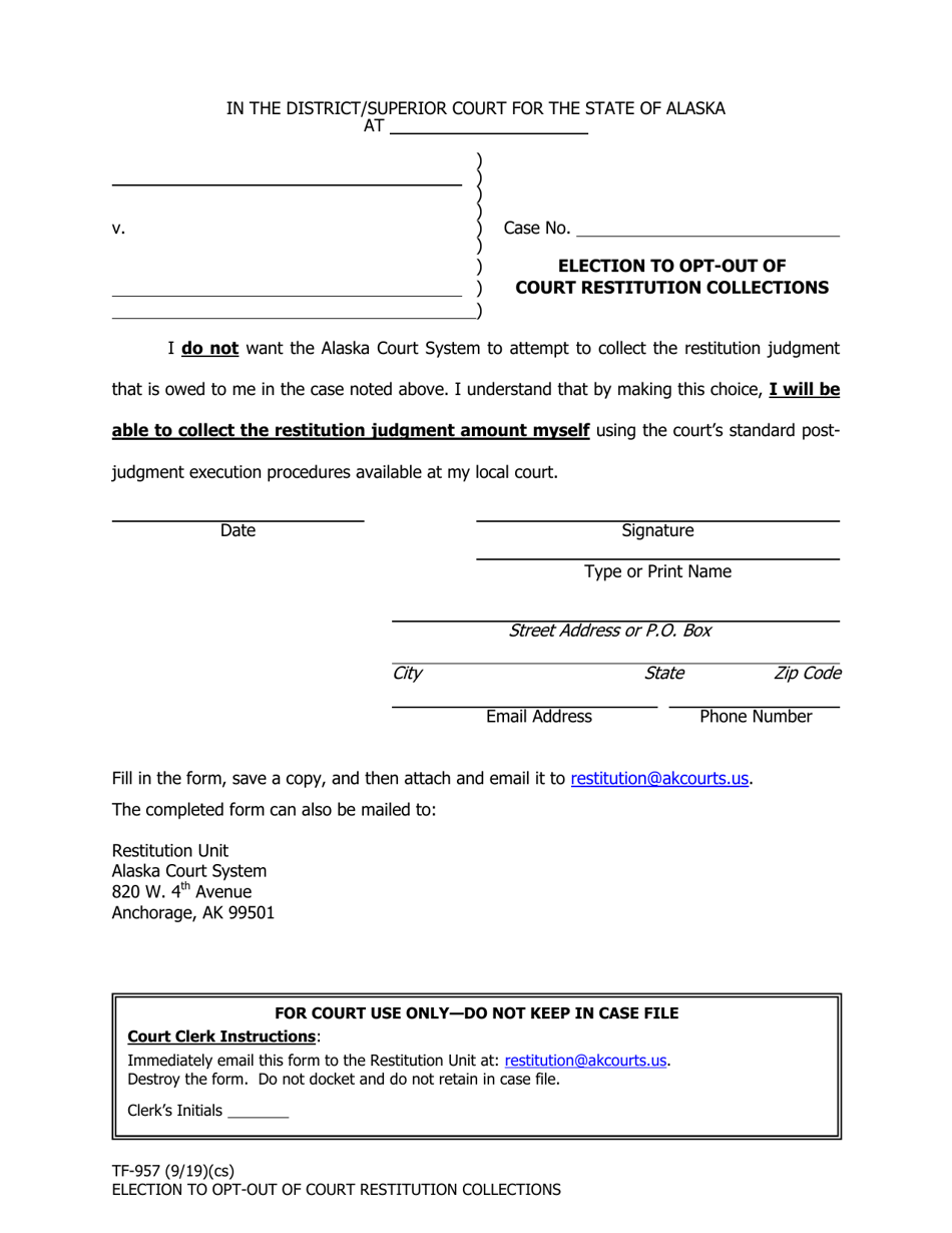 Form TF-957 Election to Opt-Out of Court Restitution Collections - Alaska, Page 1