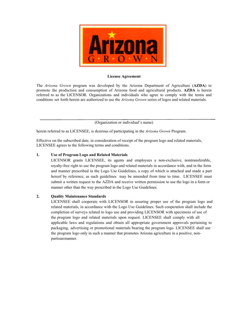 Arizona Grown Licensing Agreement - Arizona