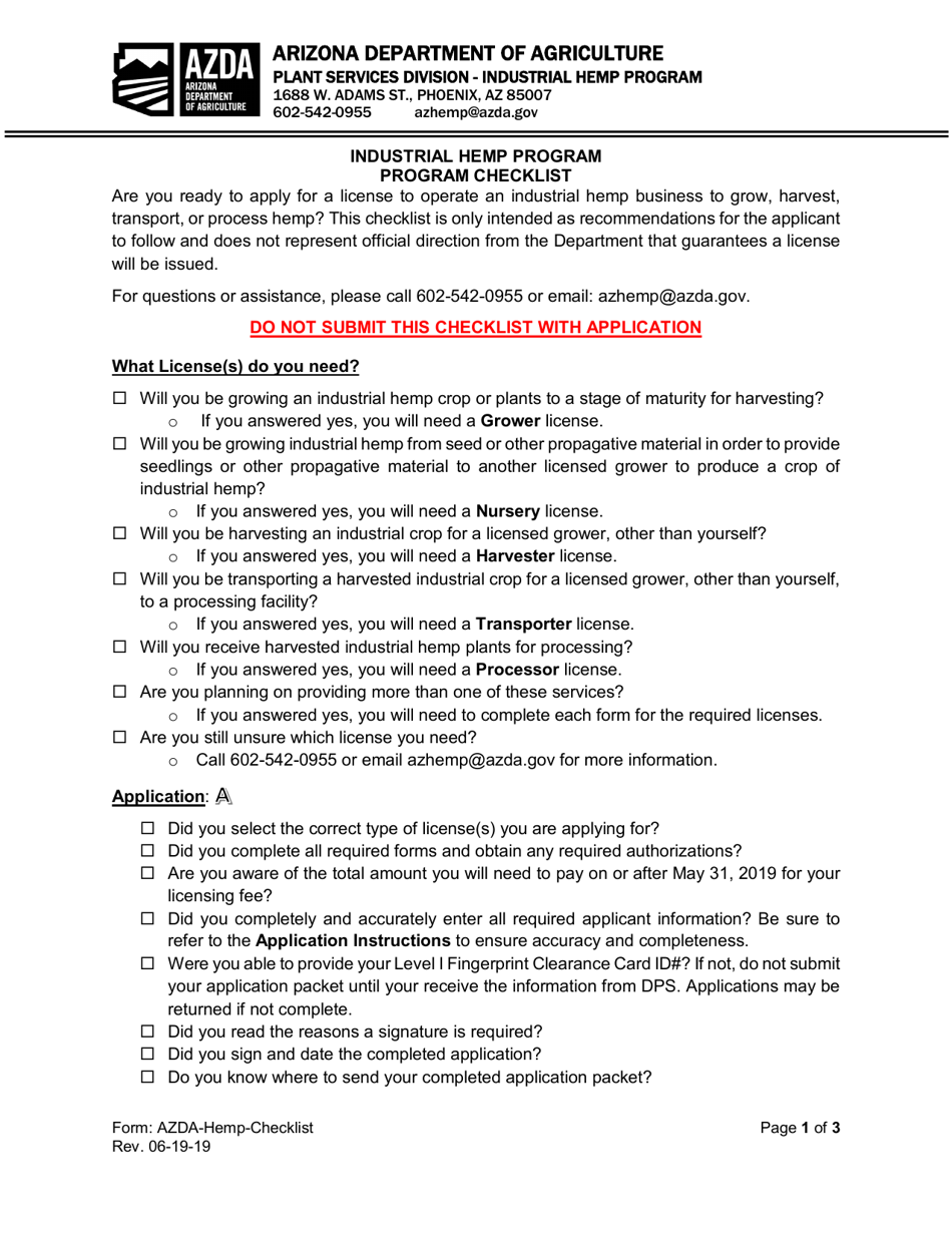 Industrial Hemp Program Checklist - Arizona, Page 1