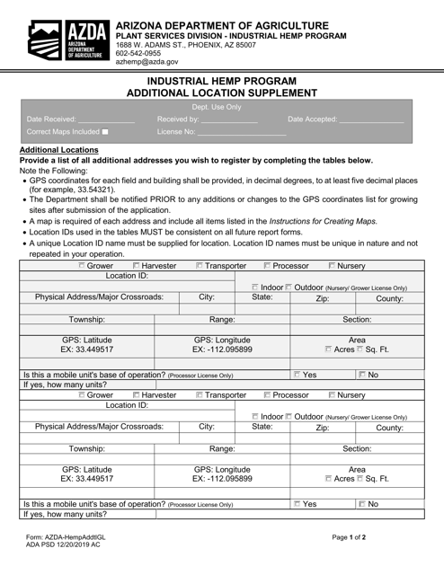 Industrial Hemp Program Additional Location Supplement - Arizona Download Pdf