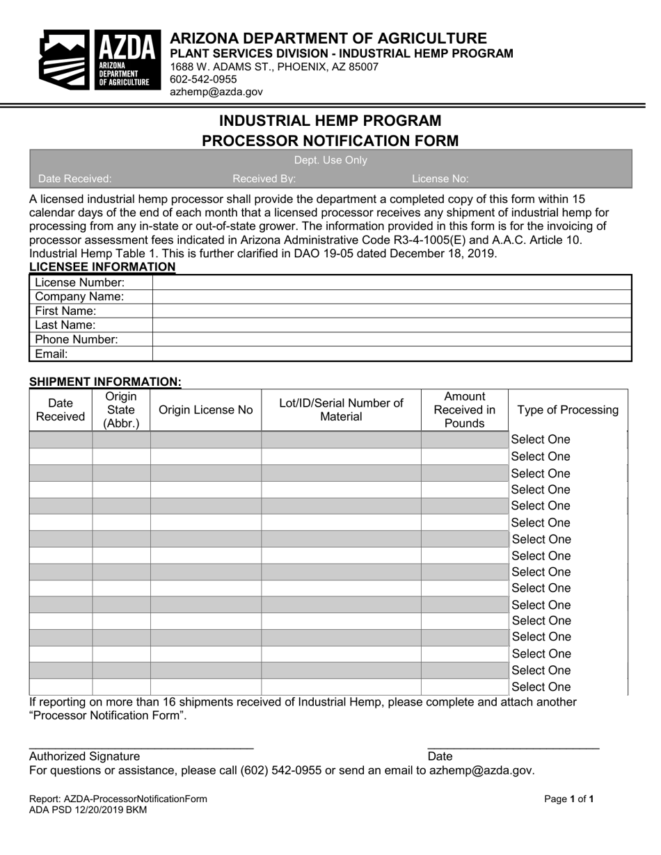 Industrial Hemp Program Processor Notification Form - Arizona, Page 1
