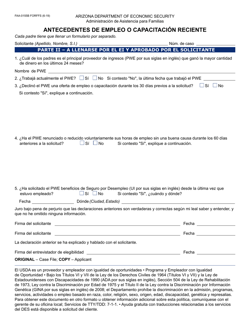 Formulario FAA-0155B-S Antecedentes De Empleo O Capacitacion Reciente - Arizona (Spanish), Page 1