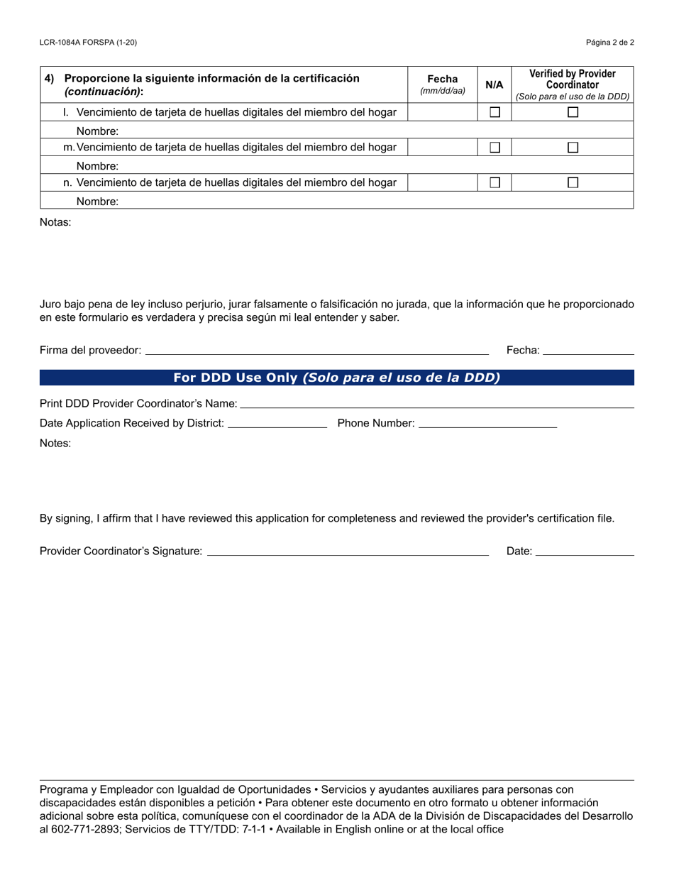 Formulario LCR-1084A-S Solicitud De Renovacion O Certificado De Hcbs Modificado Para Proveedores Independientes - Arizona (Spanish), Page 2