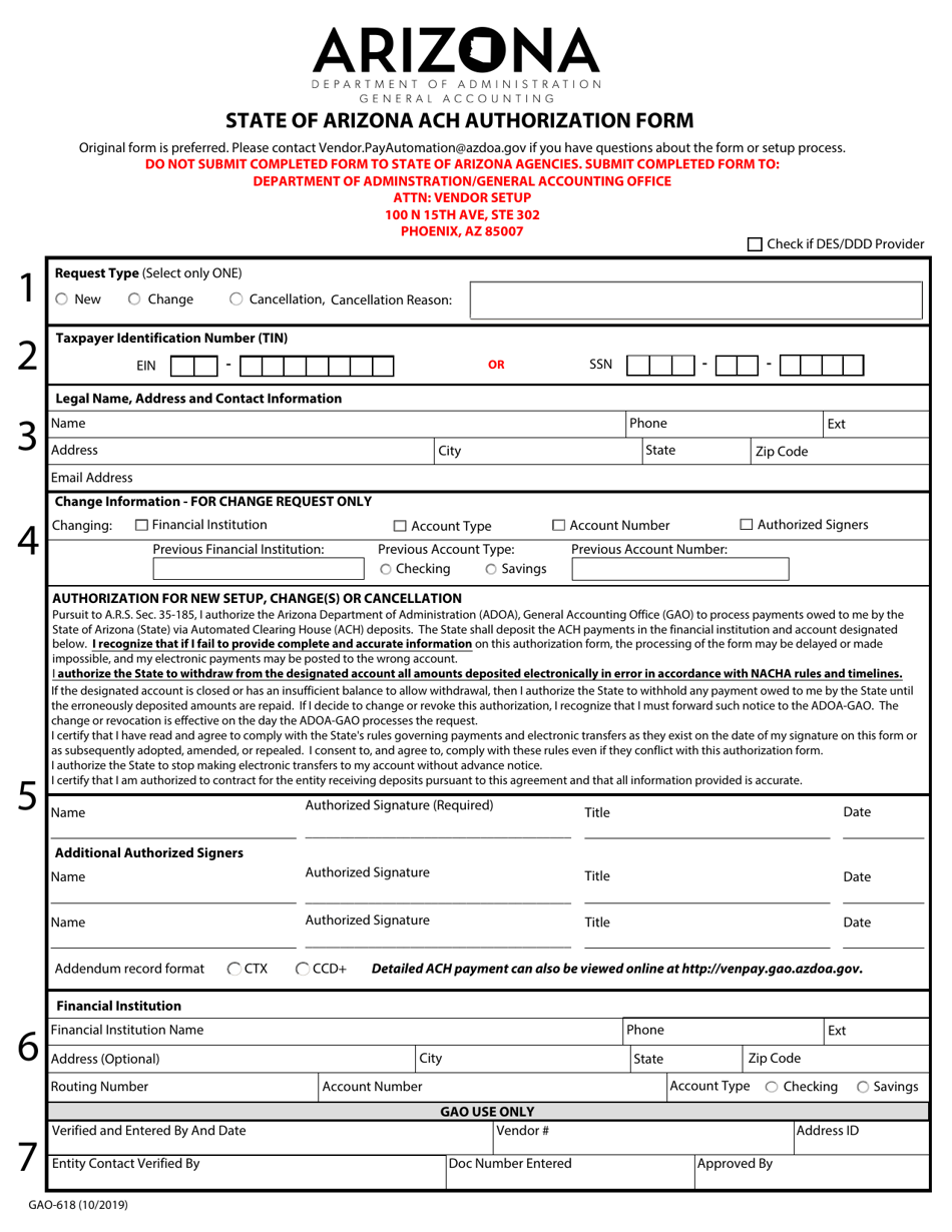 Form GAO-618 State of Arizona ACH Authorization Form - Arizona, Page 1
