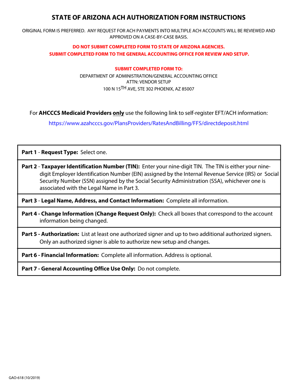 Form GAO-618 State of Arizona ACH Authorization Form - Arizona, Page 2