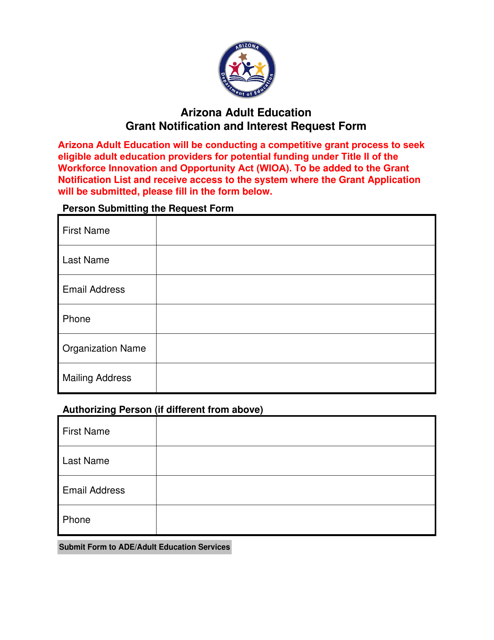 Arizona Adult Education Grant Notification and Interest Request Form - Arizona Download Pdf